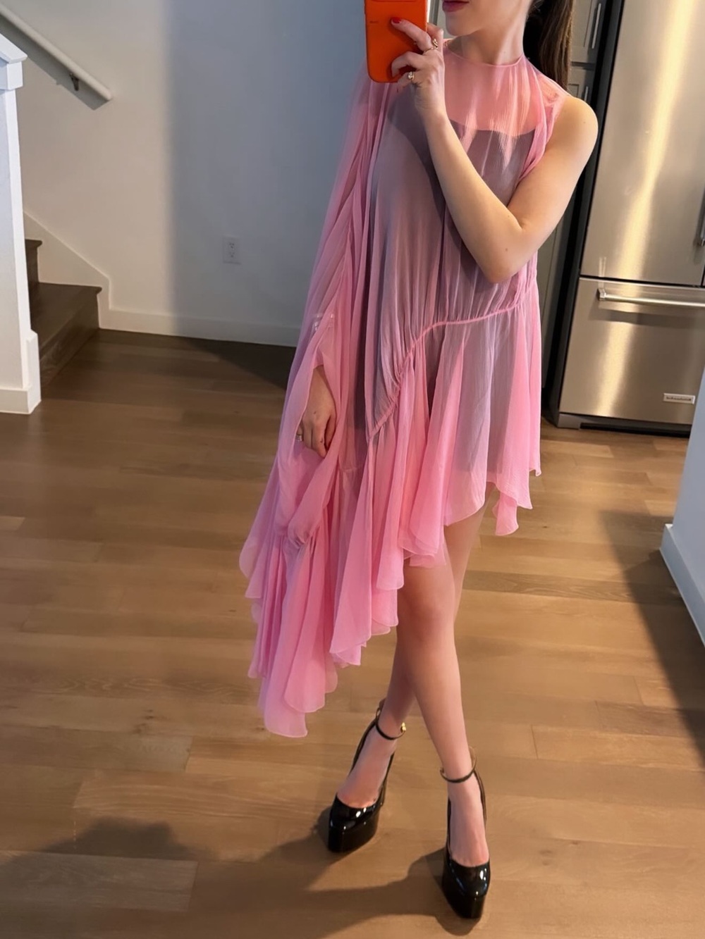 Asymmetrical Pink Chiffon Mini Dress - Sleeveless Draped Design